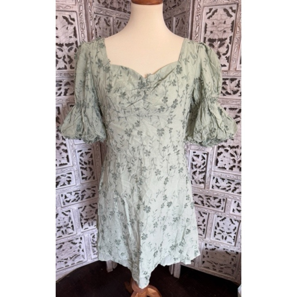 Floral Green Puff Sleeve Dress- Size 10